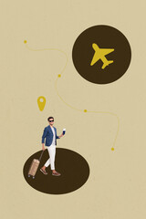Poster 3d zine image vertical collage of happy girl guy stand summer vacation route aircraft...