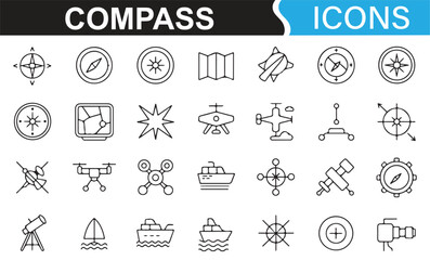 Travel and exploration icons featuring compass roses, boats, and direction symbols.