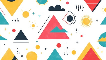 Abstract geometric pattern with sun, mountains, and clouds