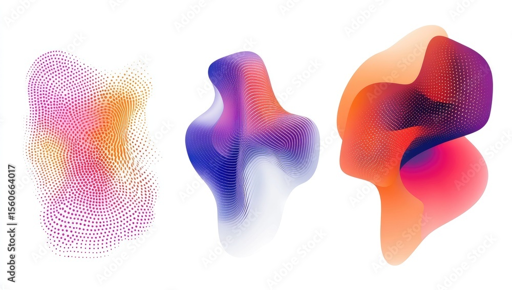 Poster abstract shapes in vibrant colors, a trio of dynamic forms. dotted texture complements smooth gradie