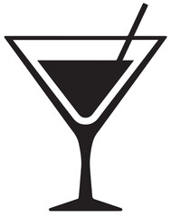 
A stylized black silhouette icon of a martini glass with a diagonal straw, filled with liquid, perfect for representing drinks, bars, or celebration.