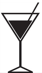 A simple black silhouette of a martini glass with liquid and a straw, featuring a subtle white outline on the rim, set on a clean white background.
