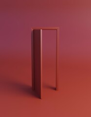 3d rendering vertical illustration, dark red open door, isolated on red background. Transition abstract metaphor, modern minimal concept. Surreal scene