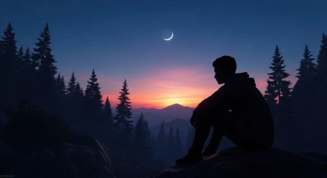 Young man watching a beautiful sunset over distant mountains under a crescent moon