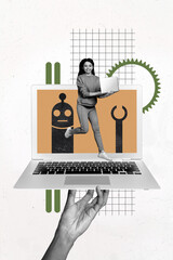 Sketch image 3d pop banner collage of happy teenage schoolgirl surf laptop run artificial...