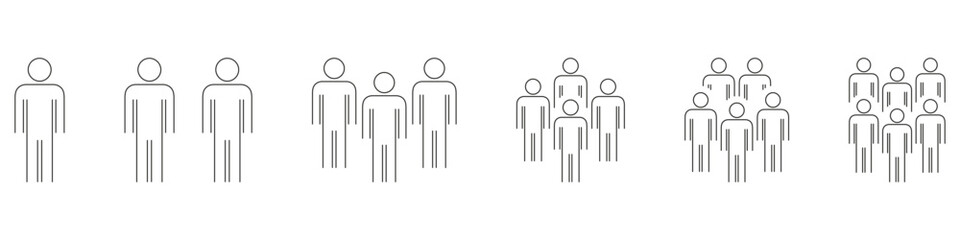People Grouping Progression Line Icon Set. Social Dynamics, Team Building, And Community Growth Outline Symbol Collection. Group Sizes. Editable Stroke. Isolated Vector Illustration