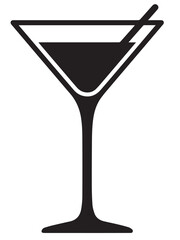 
A clean black silhouette icon of a martini glass with a straw, filled with liquid, perfect for conveying cocktails, bars, or celebratory events.