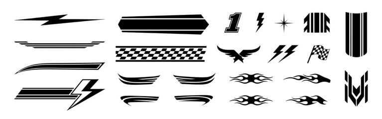 Racing cars and race car stripes set. Checkered flag, motocross labels, dynamic lines, motorsport, racing stripe speed, sport decals, tuning stickers