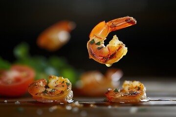 Flying tapas: grilled shrimp with garlic and chili, suspended in air above rustic wooden table