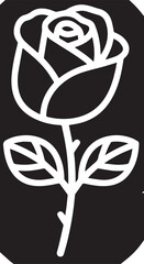 A clean white outline of a rosebud with a stem and two leaves, set against a dark black background, forming a stylish monochrome floral design.