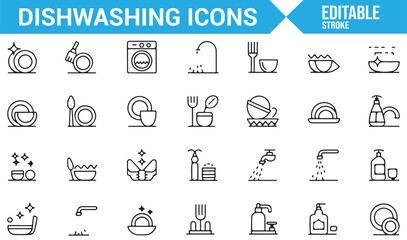 Minimal icons for dishwashing and kitchen cleaning tools including soap, water, and sponges.