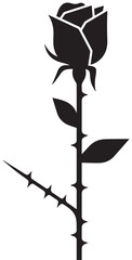 A minimalist black silhouette of a single rosebud on a tall, thorny stem, with subtle white accents on the petals, set against a clean white background.