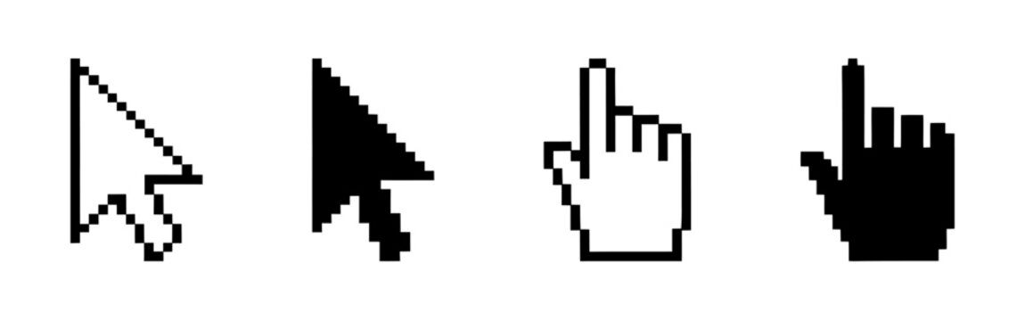 Pixel cursor set. Mouse click, arrow cursor pointer collection.