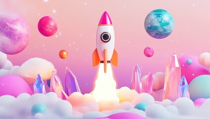 A vibrant, 3D rendering of a rocket launching into a pastel-colored universe, surrounded by clouds, planets, and crystals