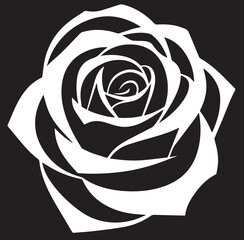 A striking graphic featuring a white stylized rose with intricate petals against a solid black background, showcasing strong contrast and elegant design.