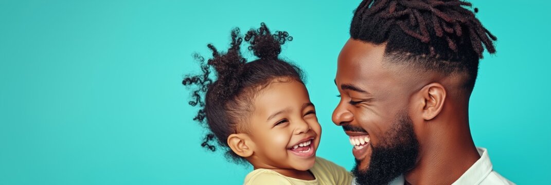 Father and child smiling together, joyful moment, bright background