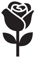 A solid black silhouette of a rosebud with a stem and two leaves, featuring subtle white lines to define its inner petals, on a plain white background.