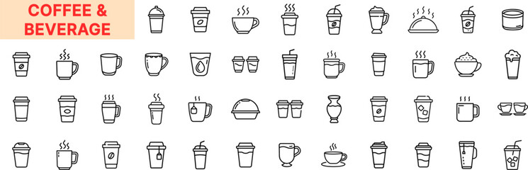 Coffee and Beverage Line Icon Design Featuring Takeaway Cups, Mugs, Teacups, Steam Drinks, Cold Glasses, Cappuccino, Latte, Espresso, Coffee Beans, Cream Toppings, Straws, and Hot Beverage Containers