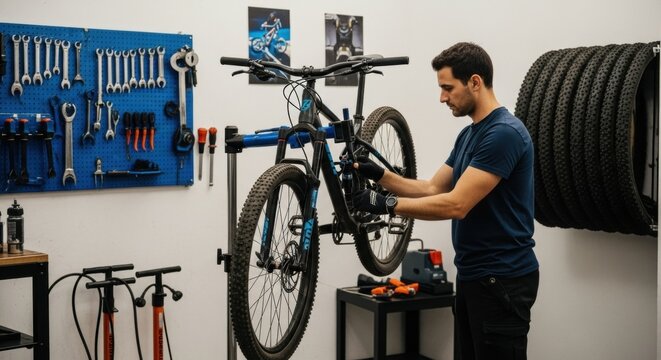 Man repairing a mountain bike in a workshop with tools and spare tires on the wall behind him