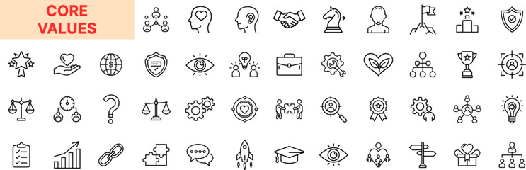 Core Values Line Icon Design Featuring Hearts, Light Bulbs, Handshakes, Shields, Scales, Leadership, Goals, Teamwork, Ethics, Vision, Growth Charts, Communication, and Trust Symbols