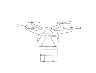 Delivery cargo drone in single line draw illustration. Continuous one line drawing of drone shipment, Editable stroke.
