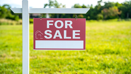 For Sale Real Estate Sign with House Icon Set Against Green Field