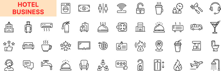 Hotel Business Line Icon Design Featuring Reception Desks, Beds, Room Keys, Luggage, Star Ratings, Air Conditioning, Drinks, Toilets, Showers, Do Not Disturb Signs, Reservations, Wi-Fi, and Taxis