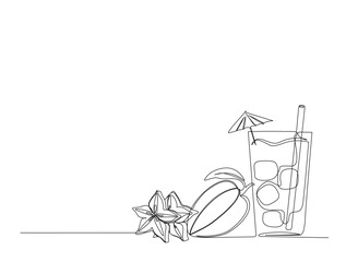 Star fruit juice in single line draw illustration. Continuous one line drawing of fresh starfruit juice, Editable stroke.