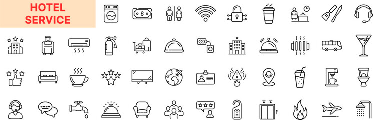 Hotel Service Line Icon Design Featuring Bellhops, Room Keys, Air Conditioning, Coffee Cups, Luggage, Beds, Wi-Fi, Cleaning Tools, Star Ratings, Do Not Disturb Signs, Maps, Drinks, and Reception