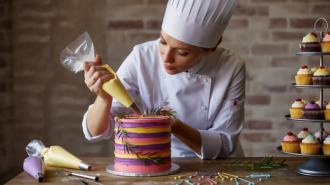 A professional baking and cake decorating tutorial image featuring a woman in a white chef's uniform and hat decorating a multi-layered cake