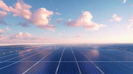 Wide-Angle View of Solar Panel Array Reflecting Bright Sunlight in Clean Energy Field