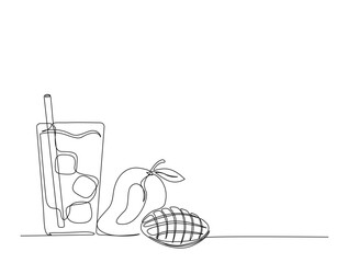 Mango juice in single line draw illustration. Continuous one line drawing of fresh mango juice, Editable stroke.