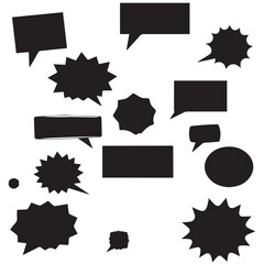 A versatile assortment of solid black speech bubbles, thought clouds, and expressive shapes, perfect for conveying dialogue, exclamations, and ideas in graphic design.