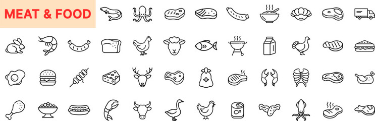 Meat and Food Line Icon Design Featuring Steaks, Sausages, Fish, Poultry, Burgers, Cheese, Barbecue Grills, Canned Foods, Milk, Sandwiches, Seafood, Hot Dogs, and Animal Protein Sources