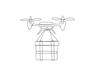 Delivery cargo drone in single line draw illustration. Continuous one line drawing of drone shipment, Editable stroke.