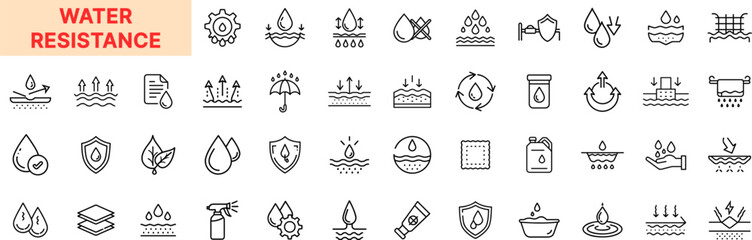 Water Resistance Line Icon Design Featuring Droplets, Shields, Layers, Coatings, Barriers, Spray Bottles, Hydrophobic Surfaces, Waterproof Labels, Absorption Control, and Moisture Protection