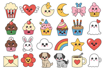 Vector art of a collection of kawaii dessert and animal stickers isolated on white