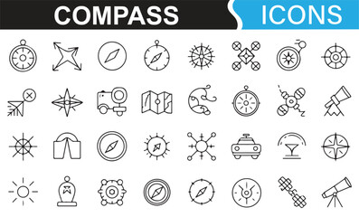 Collection of compass and navigation icons for travel, exploration, and wayfinding.