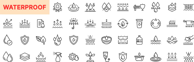 Waterproof Line Icon Design Featuring Water Droplets, Barriers, Layers, Rain Protection, Shields, Repellents, Coatings, Spray Bottles, Water Resistance, Liquid Proofing, and Absorption Prevention