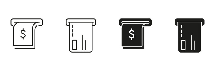 Atm Receipt And Credit Card Slot Icon Set. Financial Transaction, Banking, And Payment Processing Outline And Silhouette Symbol Collection. Cash Withdrawal And Card Usage. Vector Illustration