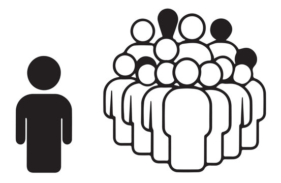 An isolated black figure stands opposite a group of white figures, one with an exclamation mark, symbolizing individualism versus a diverse crowd.