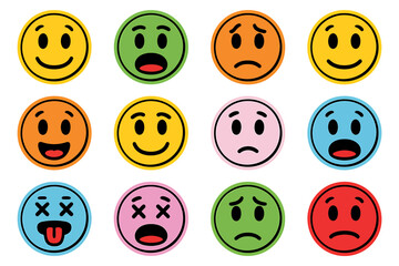 Vector art of a collection of twelve cartoon emoji faces with different expressions