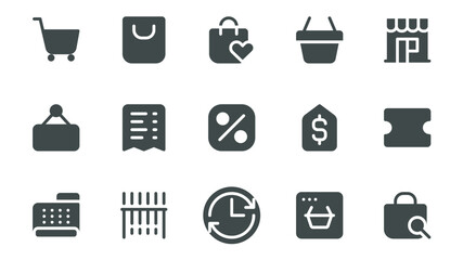 Shopping and e-commerce glyph icons pack for web design. Solid icon set with supermarket cart, bag, wish list, basket, shop, coupon, bill, discount, checkout and more pictograms. Vector illustration.