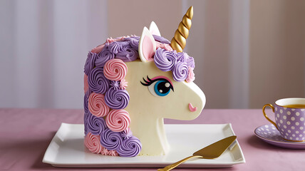 A white square-shaped cake decorated as a unicorn head, photographed from above on a white square plate