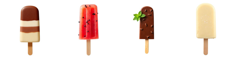 Collage of assorted ice cream popsicles in various flavors isolated on a transparent background copy space