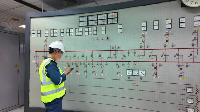 Control board substation room displays complex electrical system with gauges and indicators while worker safety gear monitors setup ensuring precise control and safety engineer monitors control board