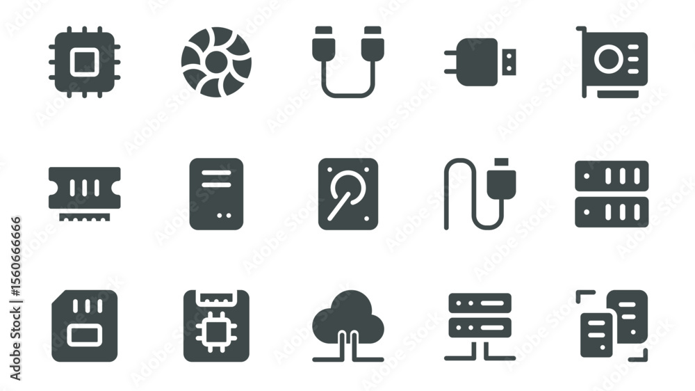 Poster Hardware components glyph icons pack for web design. Solid icon set with circuit, microchip, memory card, usb cable, motherboard, processor, server, computer and more pictograms. Vector illustration.