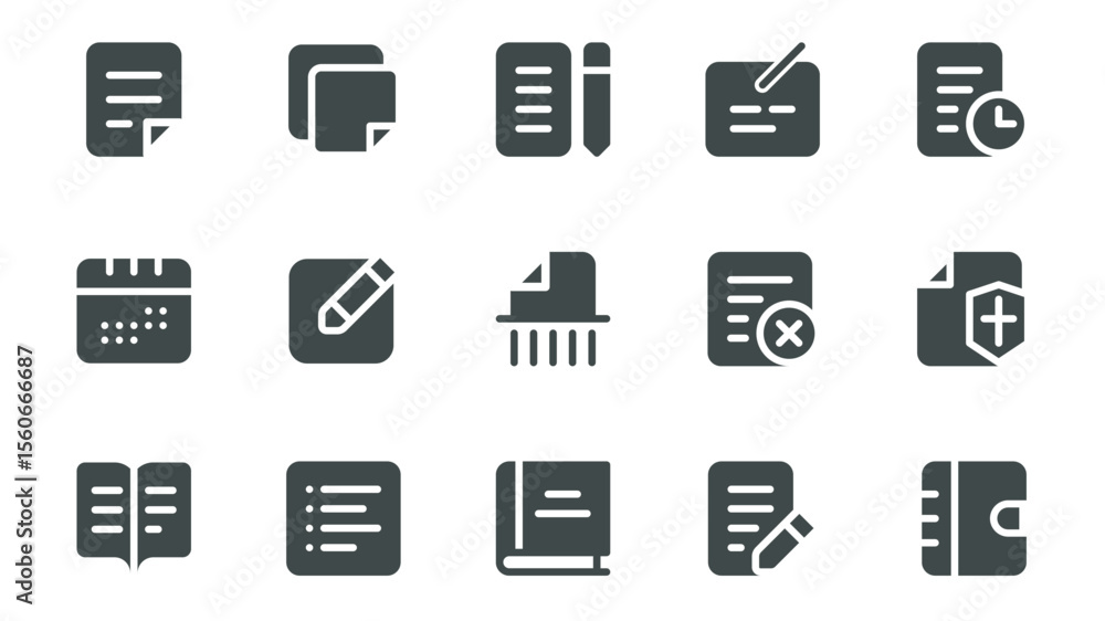 Aufkleber content edit glyph icons pack for web design. solid icon set with text, document file, pen writing, 