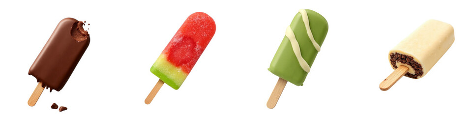 Collage of various ice cream popsicles on transparent background showcasing delightful flavors copy space
