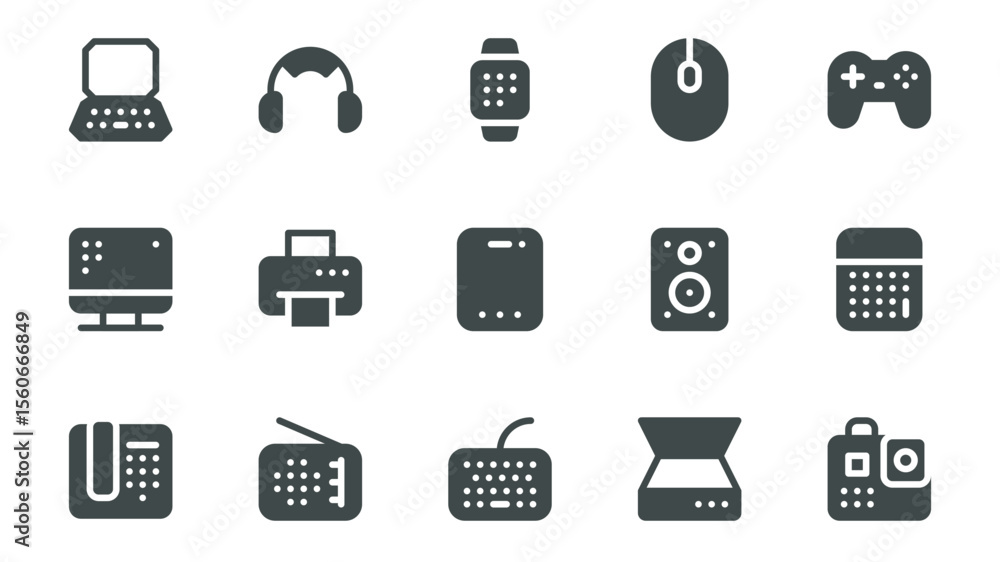 Poster computers and devices glyph icons pack for web design. solid icon set with electronics, laptop, head